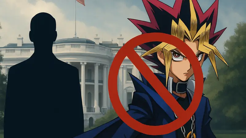 Изображение Юги Муто из Yu-Gi-Oh с перечеркнутым символом пропаганды на фоне.