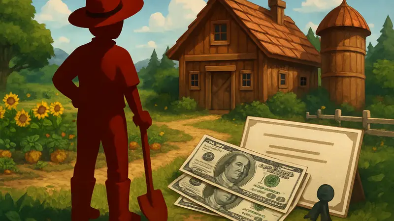 Персонаж из Stardew Valley на ферме, рядом с долларовыми купюрами и дипломом.