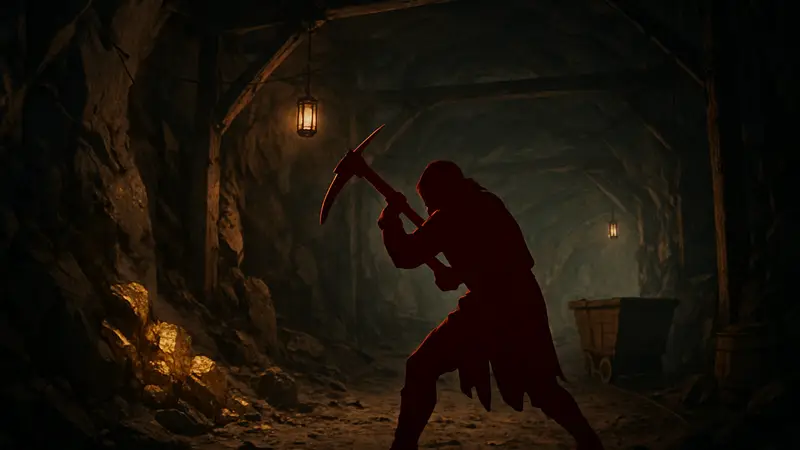 Персонаж из Crimson Desert, добывающий руду в шахте с киркой.