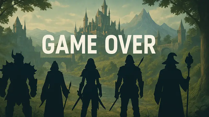 Закрытые MMORPG: иллюстрация с надписью 'Game Over' на фоне силуэтов персонажей