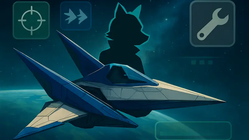 Фокс МакКлауд из Star Fox в боевом Arwing, на фоне элементов интерфейса игры и иконки патча.