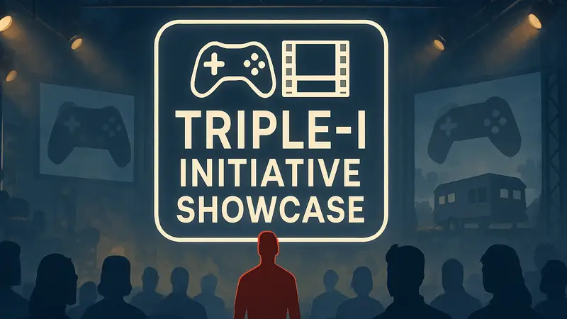 Логотип Triple-i Initiative Showcase с изображением игровых контроллеров и трейлеров
