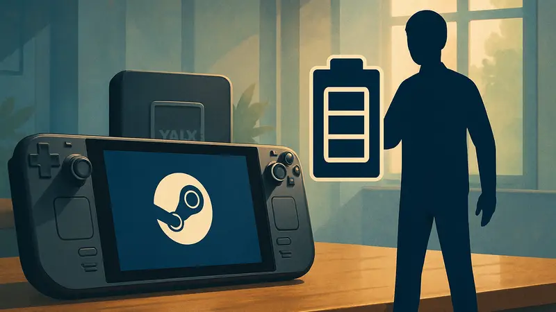 Портативная консоль Steam Deck LCD с логотипом Valve, символизирующая доступность сменных батарей для устройства.