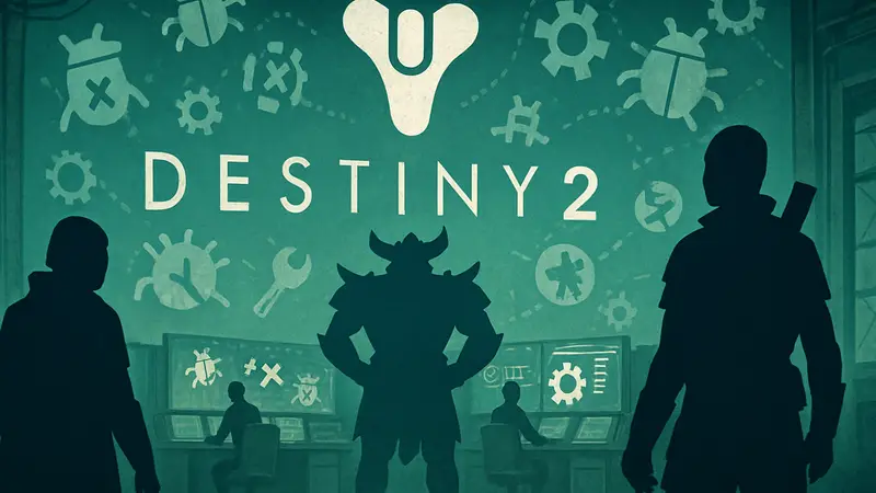 Логотип Destiny 2 на фоне исправлений игровых ошибок или багов, с упоминанием последнего крупного обновления.