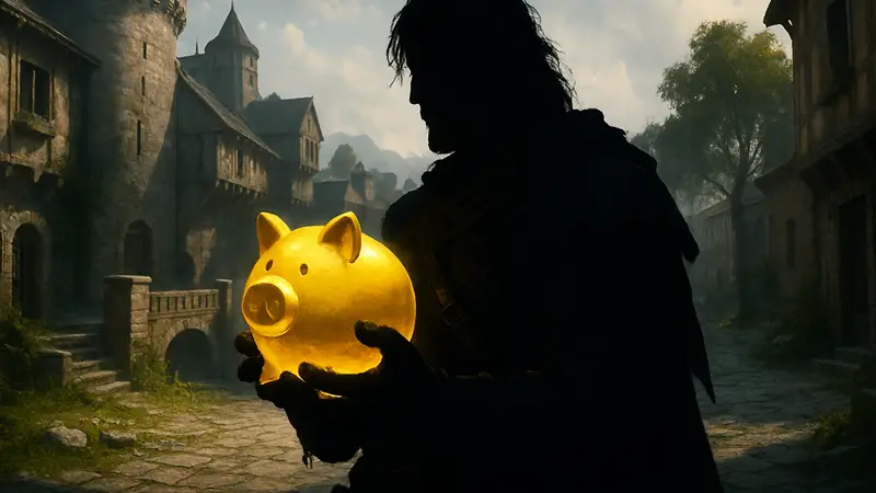 Персонаж Crimson Desert держит сверкающую Золотую копилку, символ богатства в игре.