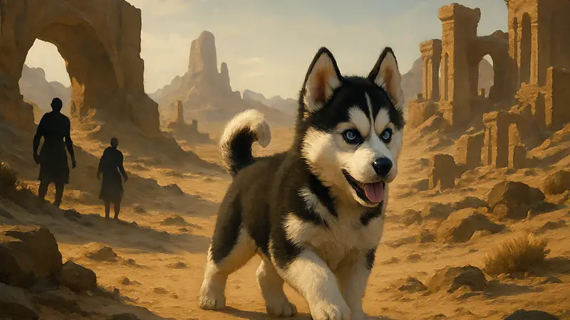 Очаровательный щенок хаски в игре Crimson Desert, исследующий пустынные локации.