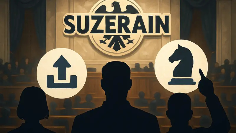 Логотип игры Suzerain на фоне символов DLC и спин-оффа, обозначающие развитие франшизы.