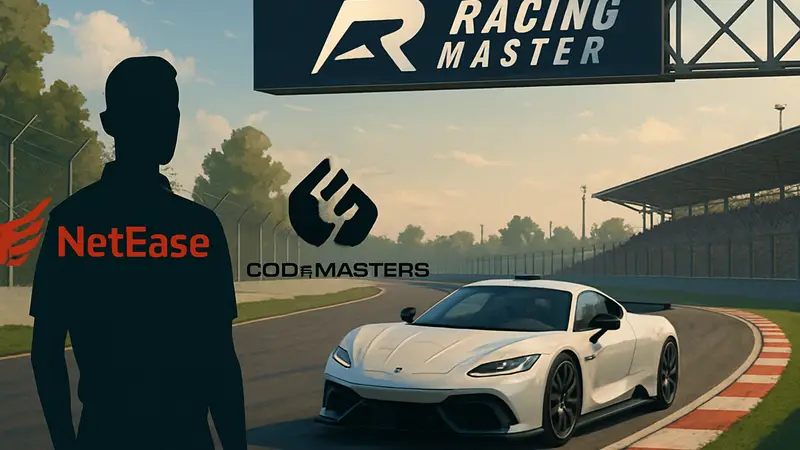 Гоночный автомобиль на треке из игры Racing Master, логотип NetEase и Codemasters.