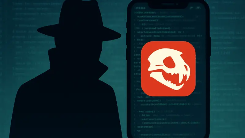 Изображение кибершпионажа: символическая иконка Predator на фоне iPhone с надписями кода.