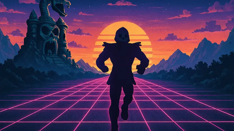 Скриншот из игры Skeletor: Until Next Time с персонажем Скелетором на фоне в стиле 80-х