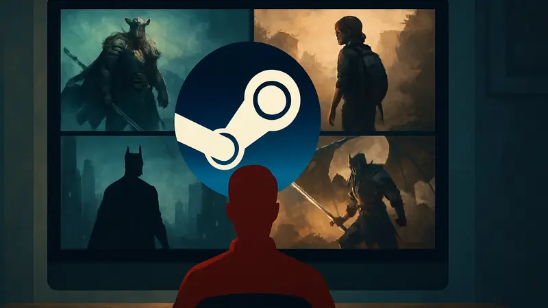 Логотип Steam на фоне монитора с изображениями популярных эксклюзивных игр для ПК.