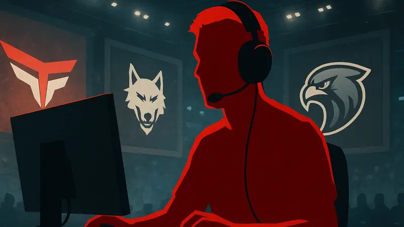 Киберспортсмен TeSeS из команды Heroic на турнире по CS2, выступающий на фоне логотипов команд
