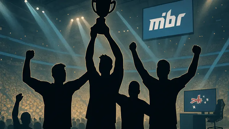 Игроки команды THUNDER dOWNUNDER празднуют победу над MIBR на киберспортивном турнире в Кёльне.