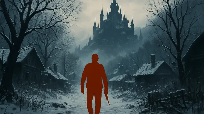 Итан Уинтерс идет по снежной деревне, на фоне замок леди Димитреску из Resident Evil Village.