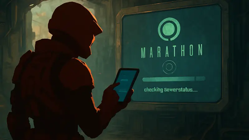 Игровой персонаж из Marathon на фоне экрана загрузки, проверяющий статус серверов.