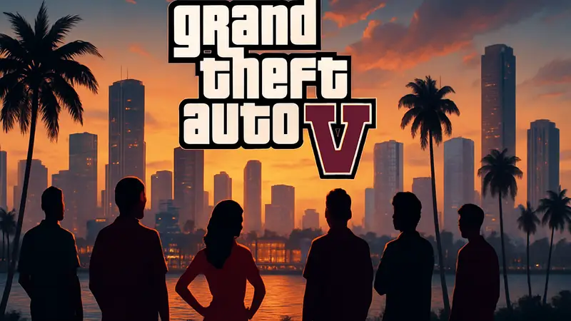 Логотип Grand Theft Auto VI на фоне города Вайс-Сити с закатом