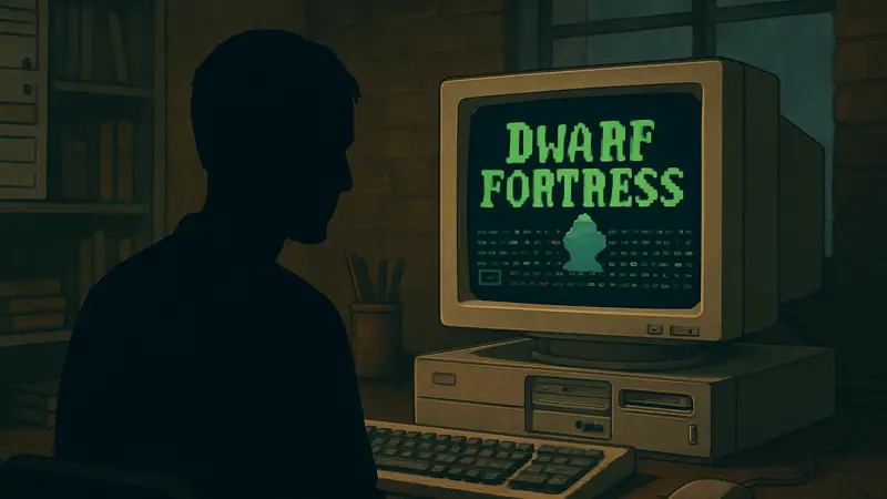 Логотип Dwarf Fortress на старом мониторе с интерфейсом MS-DOS.