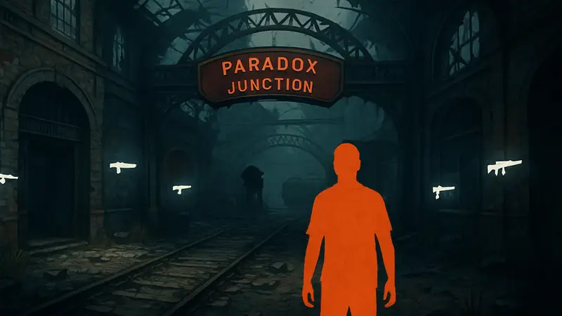 Игровой скриншот карты Paradox Junction из Black Ops 7 Zombies с отмеченными настенными покупками оружия.