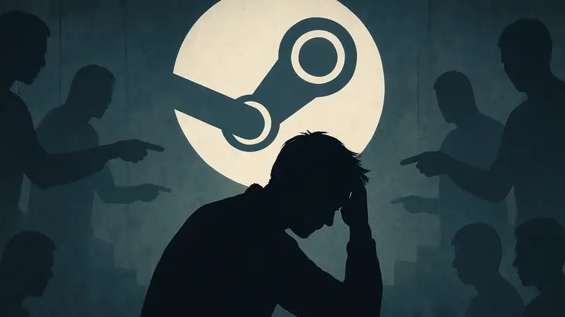 Разработчик на фоне логотипа Steam, символизирующий проблему травли в сообществе.