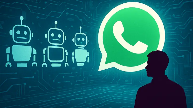 Логотип WhatsApp и иконки ИИ-ботов. Развитие технологий Meta.