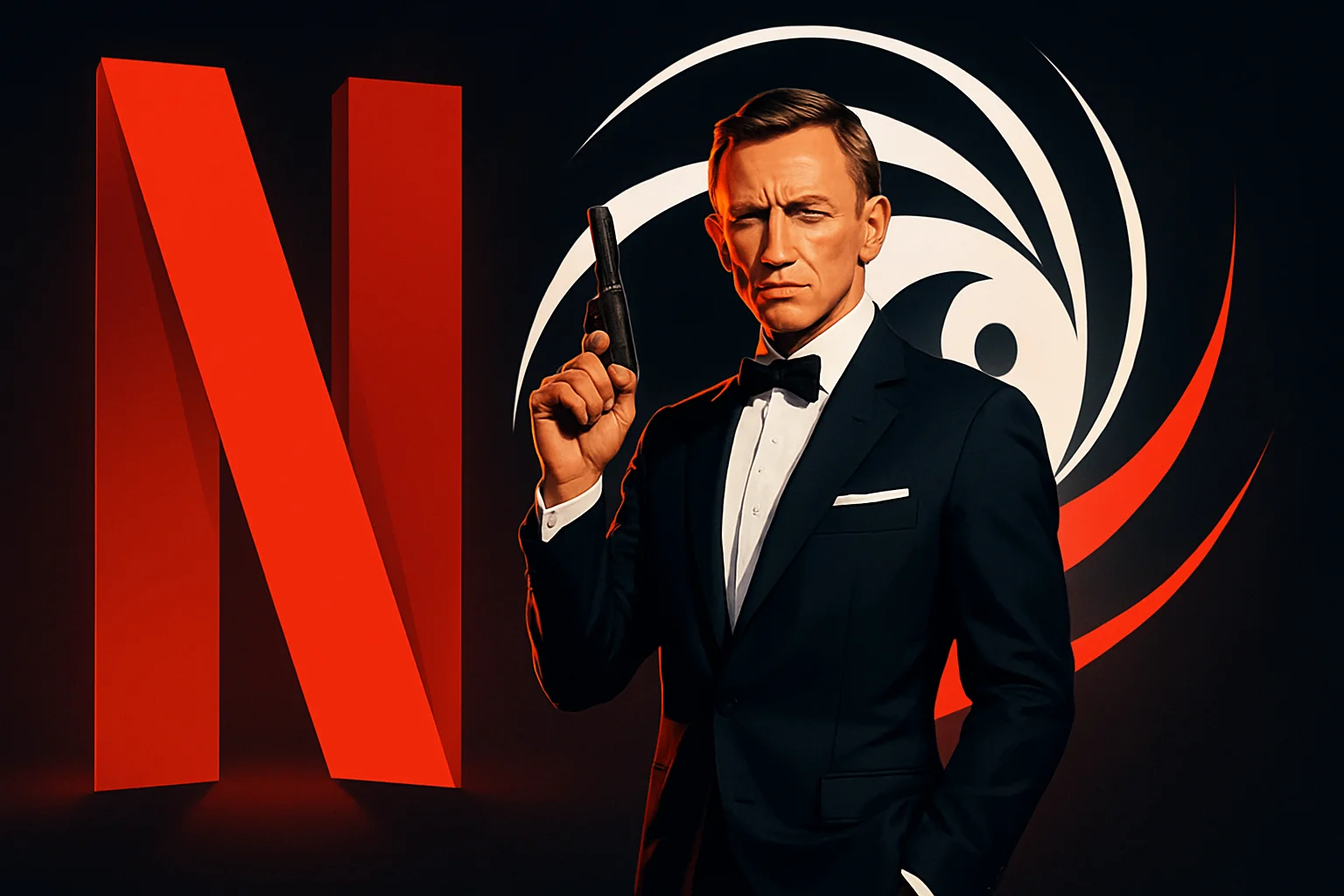 Изображение Джеймса Бонда в классическом костюме на фоне логотипа Netflix, символизирующее его успех.