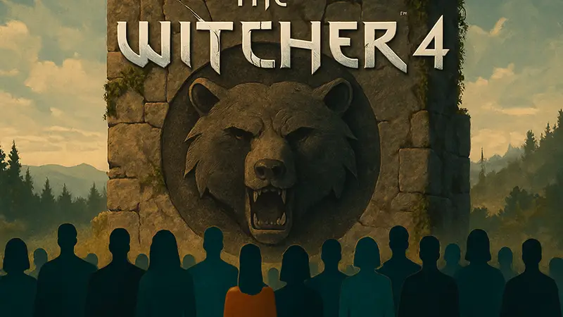 Логотип игры The Witcher 4 с силуэтом школы Медведя на фоне и число разработчиков.