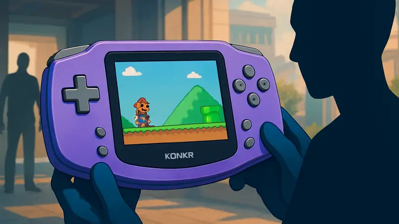Портативная игровая консоль Ayaneo KONKR Pocket Advance в сине-фиолетовом цвете, напоминающая Nintendo Game Boy Advance