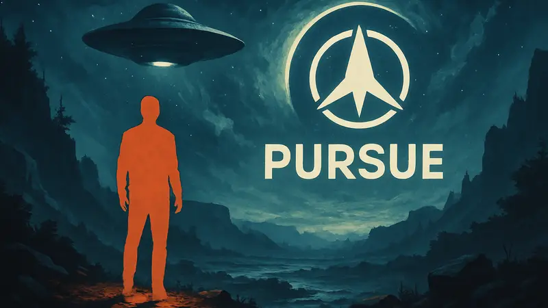Логотип программы PURSUE на фоне загадочного космического пейзажа, напоминающего кадр из видеоигры.