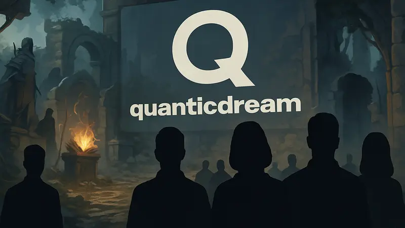 Логотип Quantic Dream на фоне провальной игры Spellcasters Chronicles и силуэты сотрудников