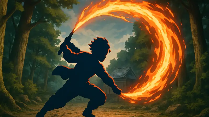 Танджиро Камадо использует технику Солнечного дыхания в аниме Demon Slayer