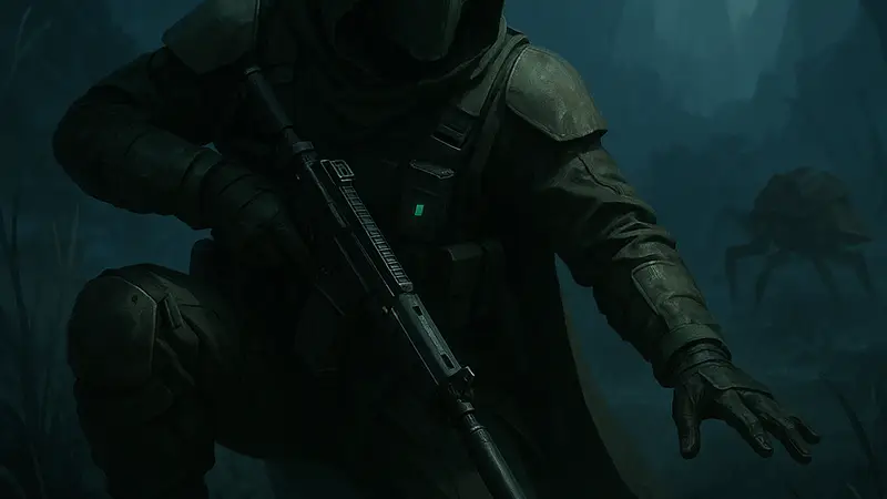 Скриншот из Helldivers 2, демонстрирующий снаряжение из Warbond Redacted Regiment, подходящее для скрытного прохождения.
