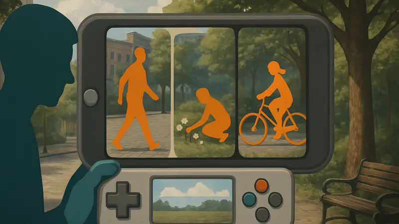 Скриншот из игры Walk, демонстрирующий стилизованные микроигры, вдохновлённые прогулками.