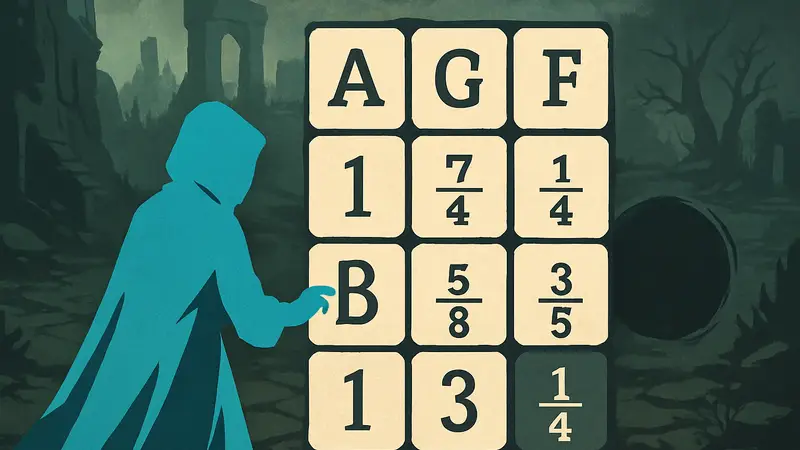 Скриншот игры Cursed Words, показывающий игровой процесс со словами и дробями.