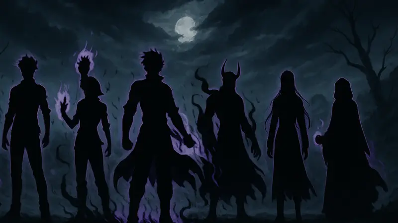 Группа могущественных аниме-персонажей, использующих магию и способности Тьмы, на фоне темного ландшафта