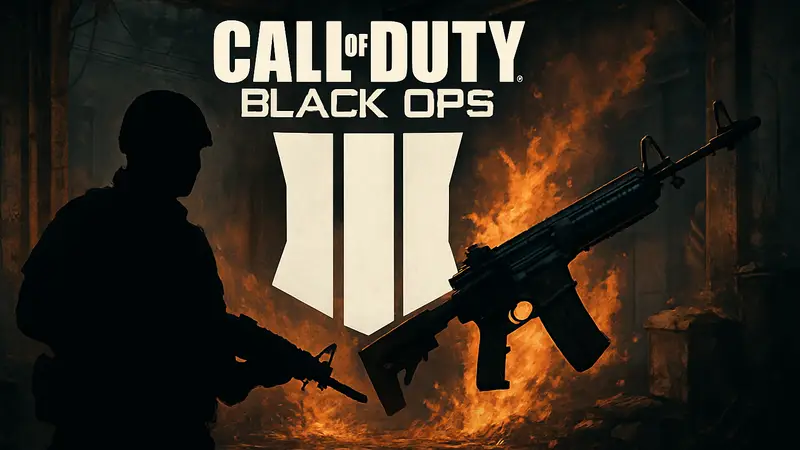 Логотип Call of Duty Black Ops 7 на темном фоне с элементами оружия и огня.