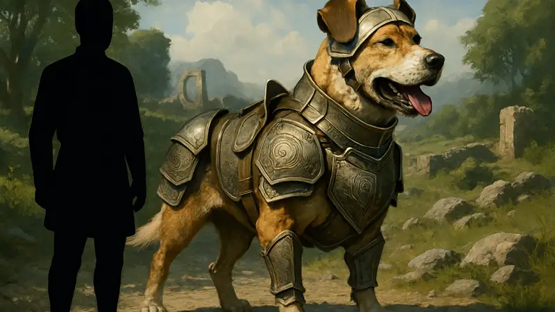 Собака-компаньон в броне из игры Crimson Desert, демонстрирующая систему питомцев.