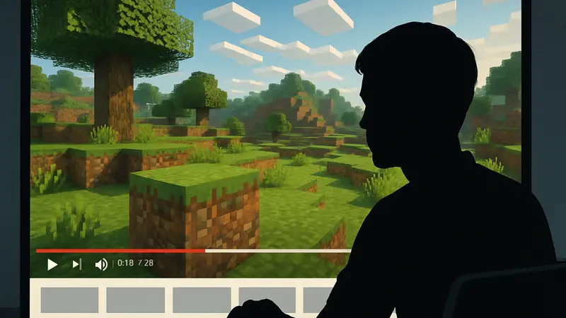 Скриншот Minecraft на YouTube, показывающий кубический мир и интерфейс видеоплатформы.