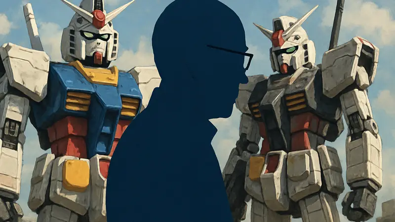 Йошиюки Томино, создатель Gundam, на фоне мобильных доспехов, символизирующих франшизу