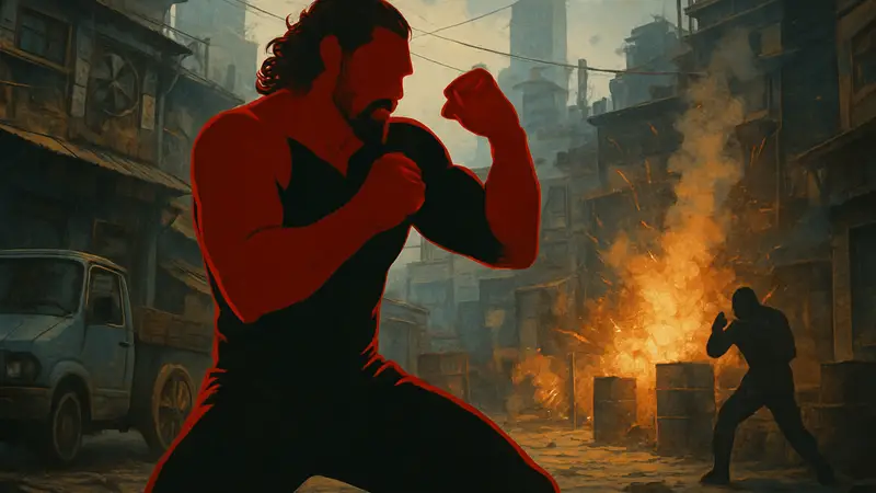 Кадр из фильма Street Fighter с Джейсоном Момоа или Романом Рейнсом в боевой позе