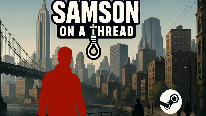 Логотип игры Samson: On a Thread на фоне городского пейзажа, напоминающего GTA IV, Steam.