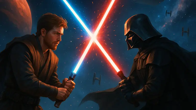 Персонажи Star Wars Genesis сражаются световыми мечами на фоне космического пейзажа, новая RPG.