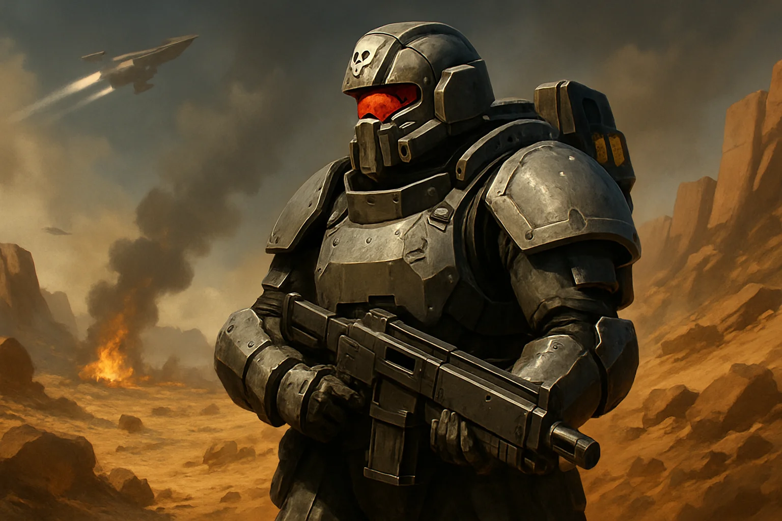 Скриншот из Helldivers 2 с бойцом в новой броне варбонда Redacted Regiment.