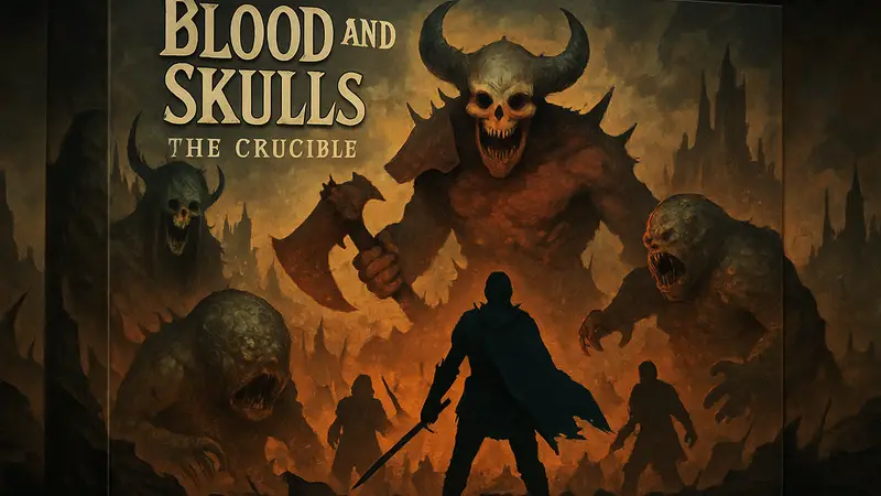 Обложка настольной игры Blood and Skulls: The Crucible в стиле тёмного фэнтези с монстрами
