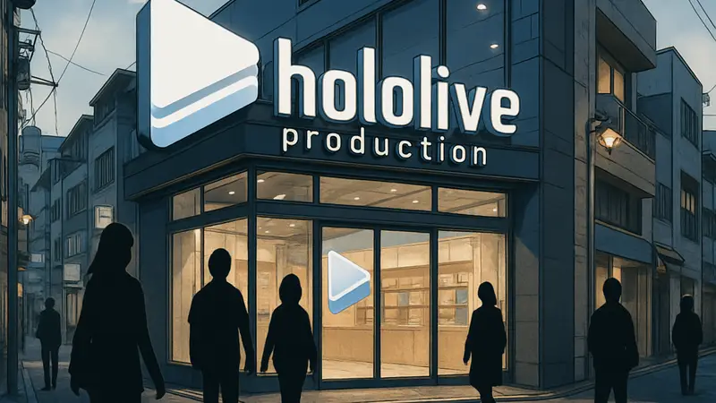 Логотип Hololive Production на фоне улицы Харадзюку, Токио, официальный магазин