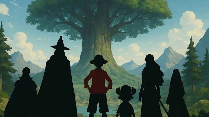 Луффи и другие персонажи One Piece на фоне гигантского дерева Элбафа, аниме