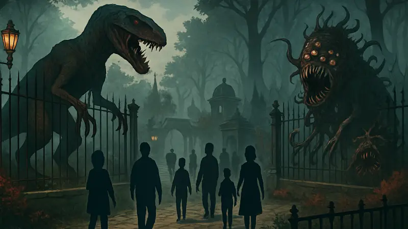 Скриншот Monster Zoo Tycoon с монстрами и посетителями в хоррор-зоопарке.