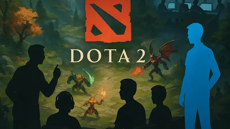 Dota 2, герои сражаются на карте, логотип игры, киберспорт и игровые новички