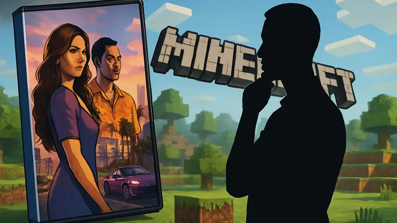 Обложка игры Grand Theft Auto 6 на фоне логотипа Minecraft, символизирующая соперничество в продажах.