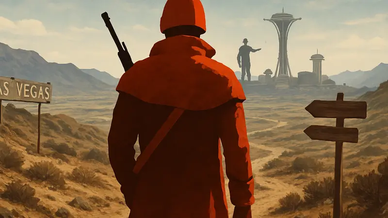 Персонаж из Fallout: New Vegas, стоящий на фоне пустыни Мохаве, символизирующий трудный выбор и последствия решений.
