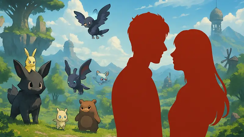 Логотип Palworld: More Than Just Pals, симулятора свиданий, с элементами игры Palworld на фоне